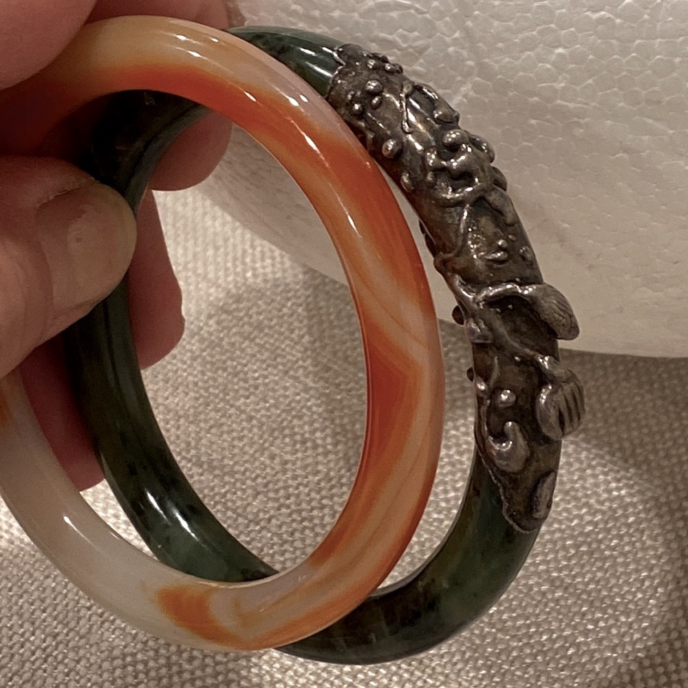Beautiful bangles 2 bracelets Jadeite silver inlay on & natural agate Chalcedony